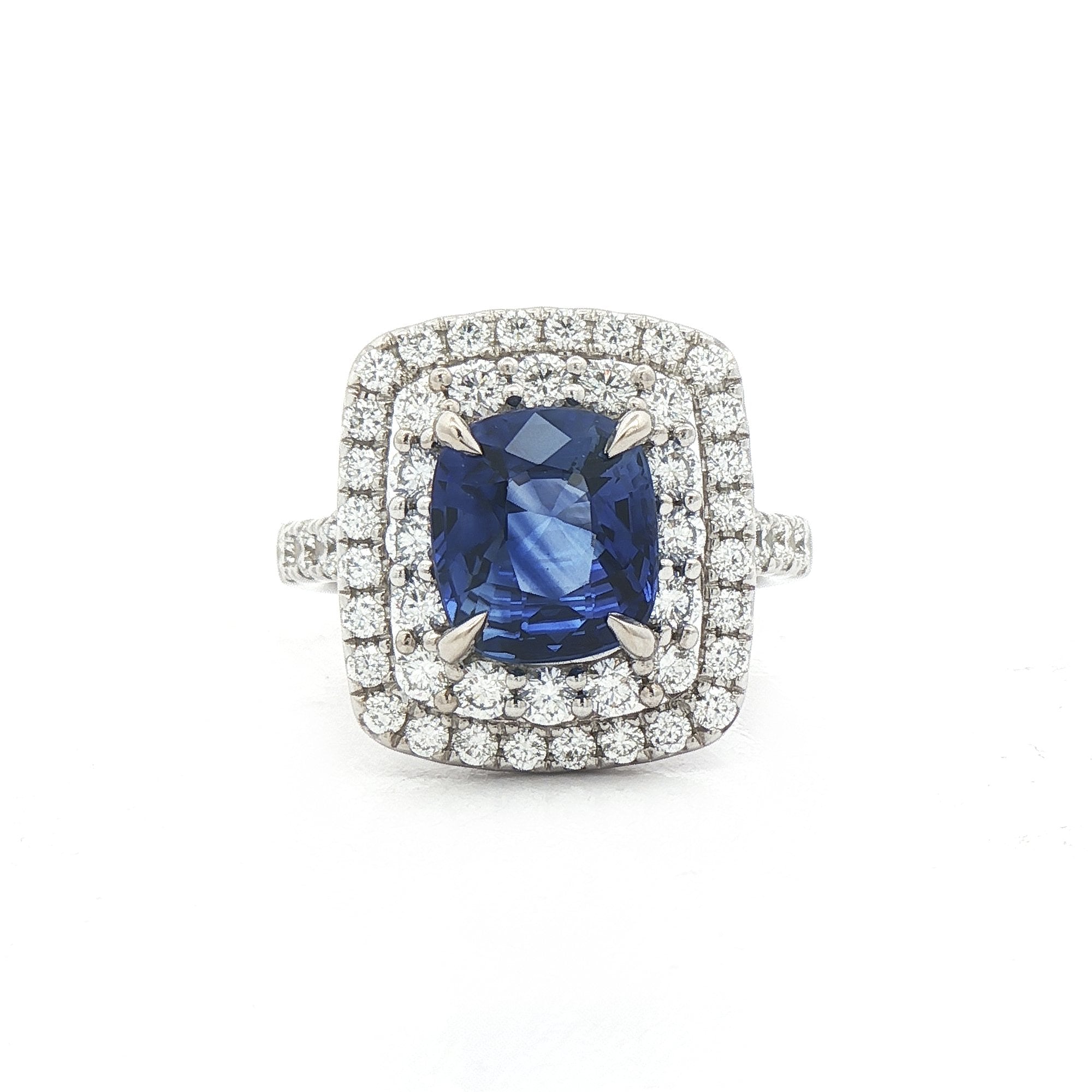2.77ct Sapphire & Natural Diamond 1.14ct Cushion Cut Double Halo in 18ct White Gold