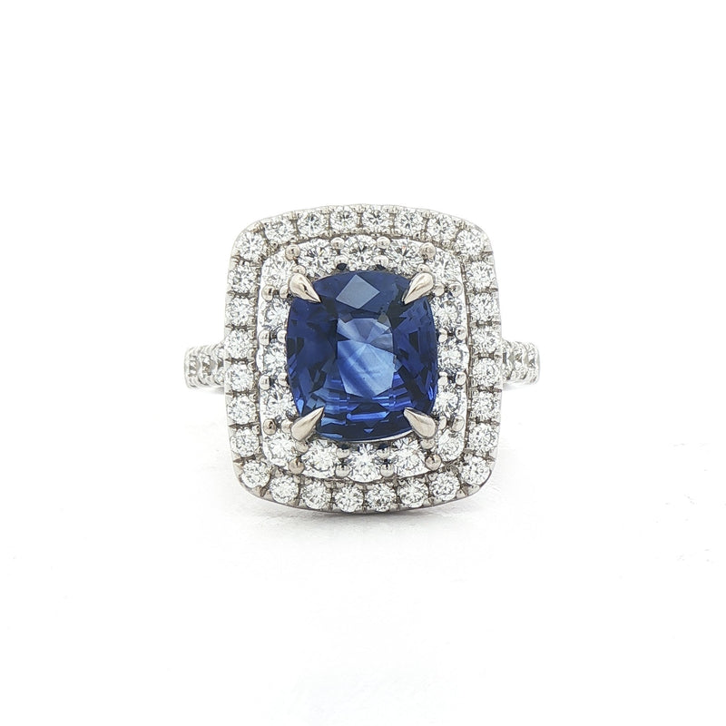 2.77ct Sapphire & Natural Diamond 1.14ct Cushion Cut Double Halo in 18ct White Gold