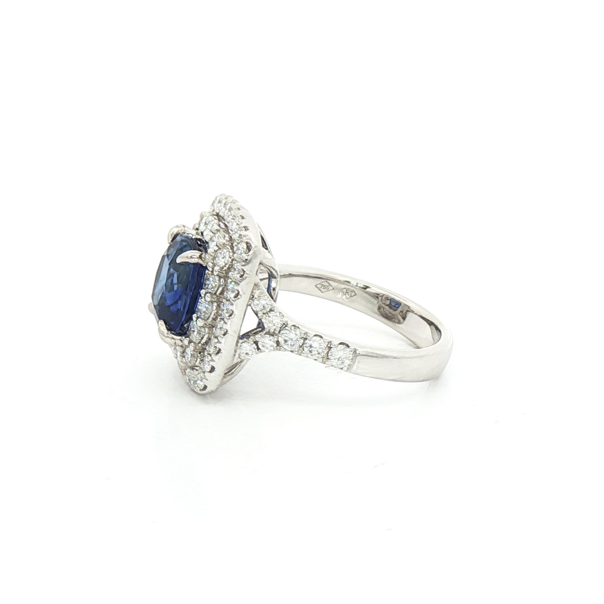 2.77ct Sapphire & Natural Diamond 1.14ct Cushion Cut Double Halo in 18ct White Gold
