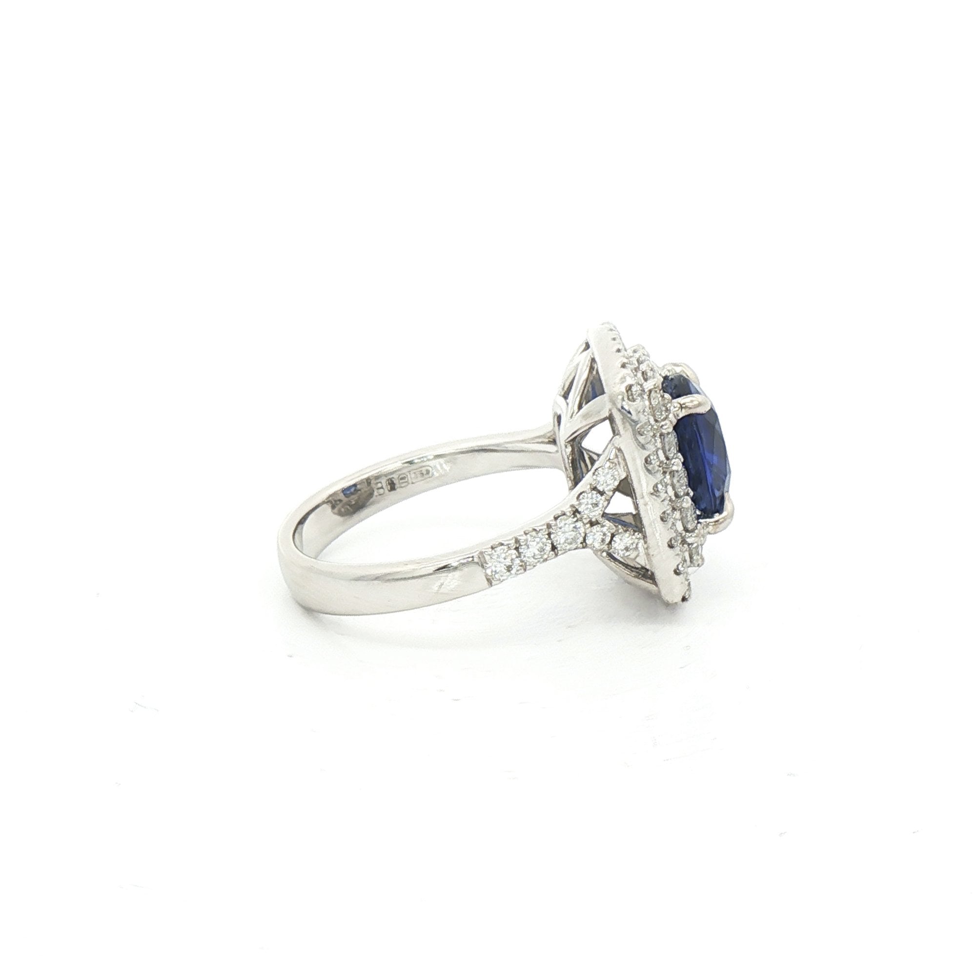2.77ct Sapphire & Natural Diamond 1.14ct Cushion Cut Double Halo in 18ct White Gold