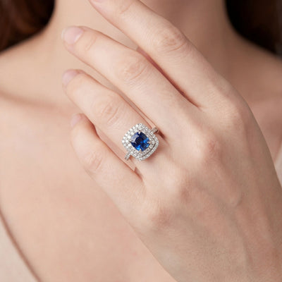 2.77ct Sapphire & Natural Diamond 1.14ct Cushion Cut Double Halo in 18ct White Gold