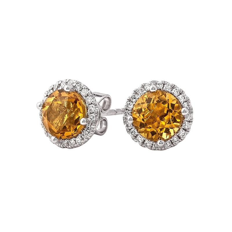 2.81ct Round Cut Citrine & 0.23ct Natural Diamond Halo Cluster Stud Earrings in 18ct White Gold