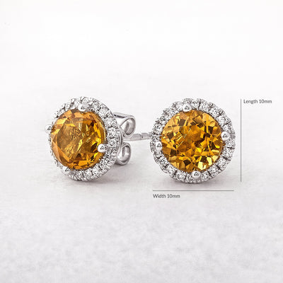 2.81ct Round Cut Citrine & 0.23ct Natural Diamond Halo Cluster Stud Earrings in 18ct White Gold