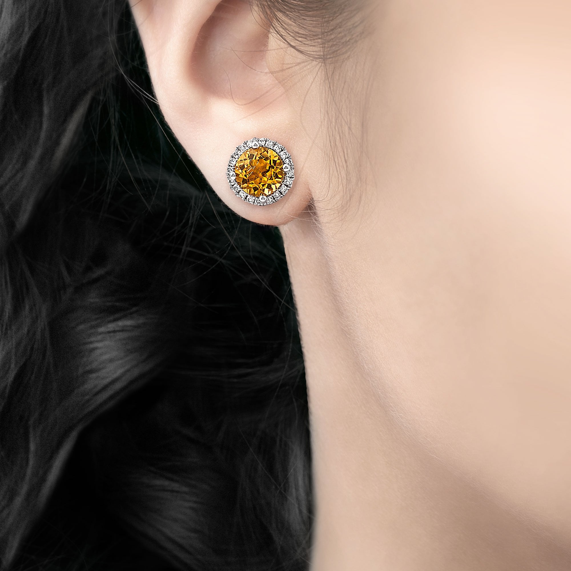 2.81ct Round Cut Citrine & 0.23ct Natural Diamond Halo Cluster Stud Earrings in 18ct White Gold