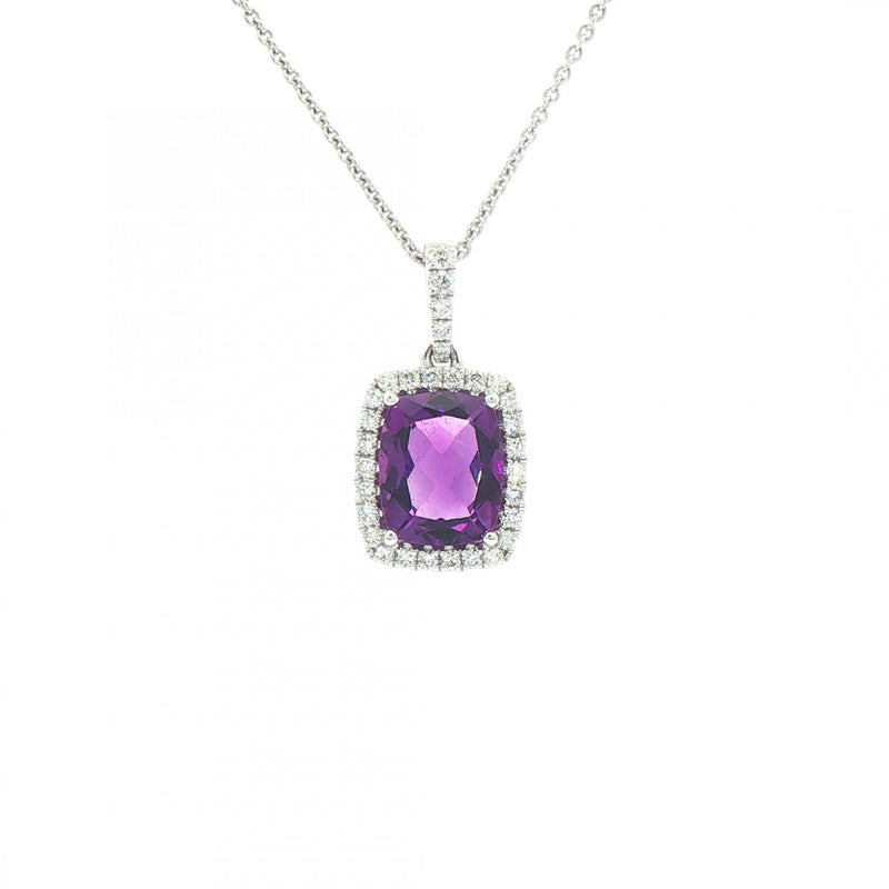2.97ct Cushion Cut Amethyst & 0.29ct Natural Diamond Halo Pendant in 18ct White Gold