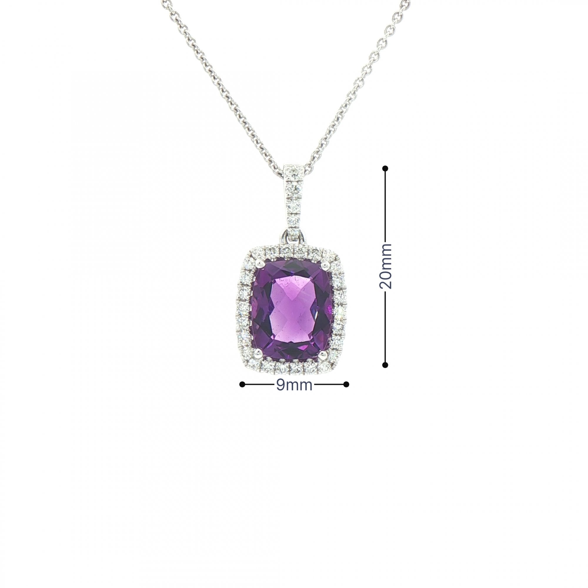 2.97ct Cushion Cut Amethyst & 0.29ct Natural Diamond Halo Pendant in 18ct White Gold