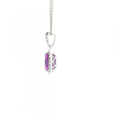 2.97ct Cushion Cut Amethyst & 0.29ct Natural Diamond Halo Pendant in 18ct White Gold