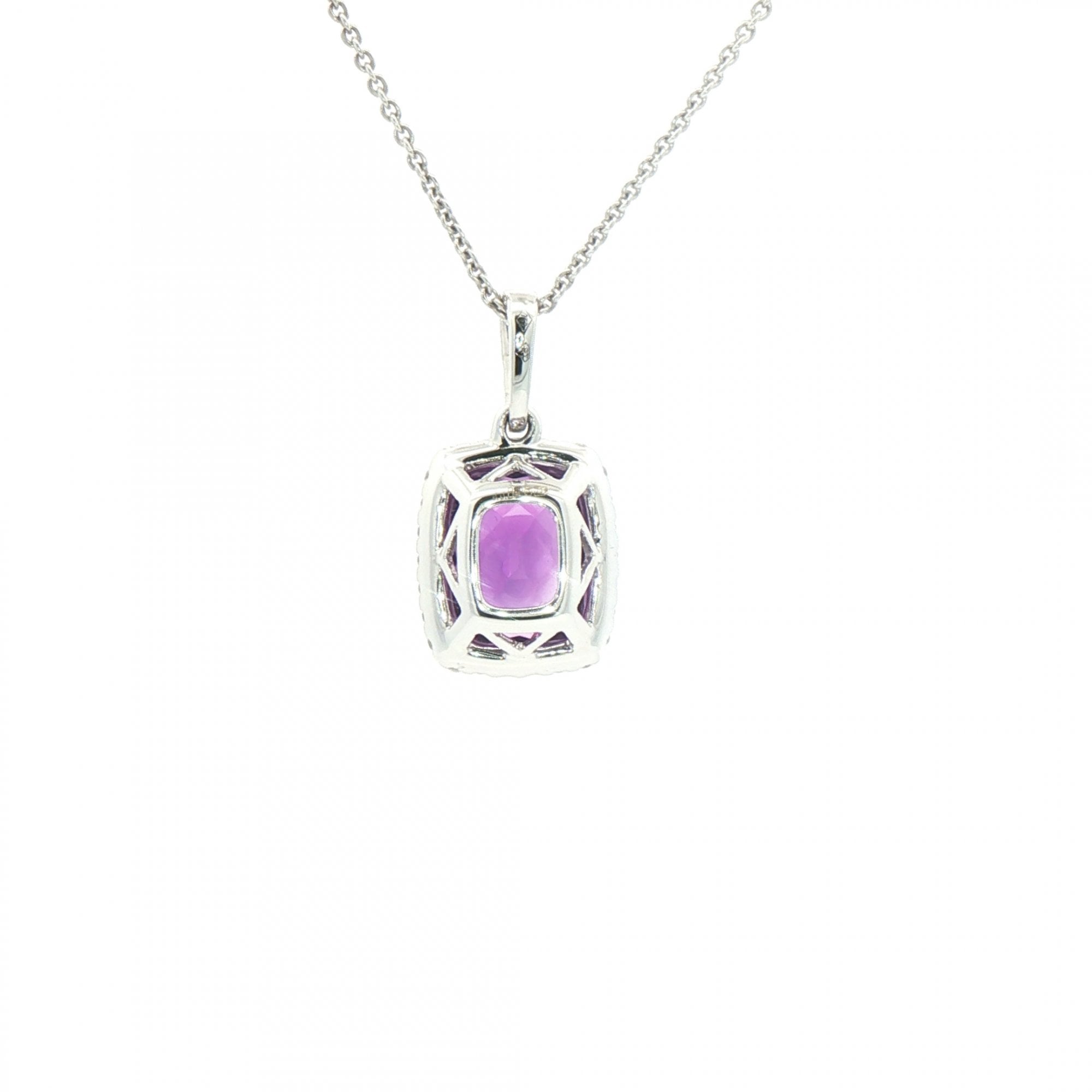 2.97ct Cushion Cut Amethyst & 0.29ct Natural Diamond Halo Pendant in 18ct White Gold