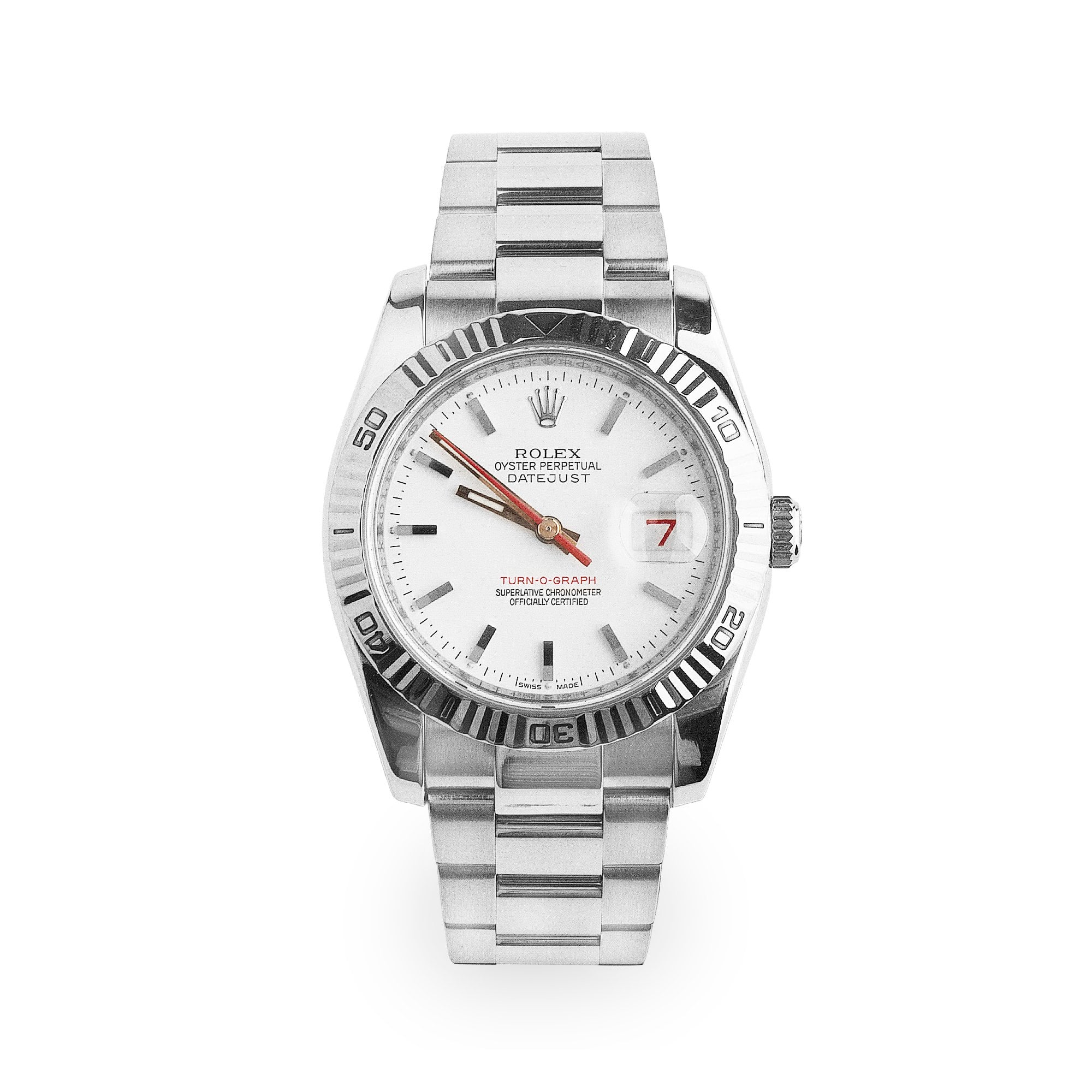 2006 Gents 36mm Rolex DateJust Turn O Graph Stainless Steel With White Dial & Red Hands