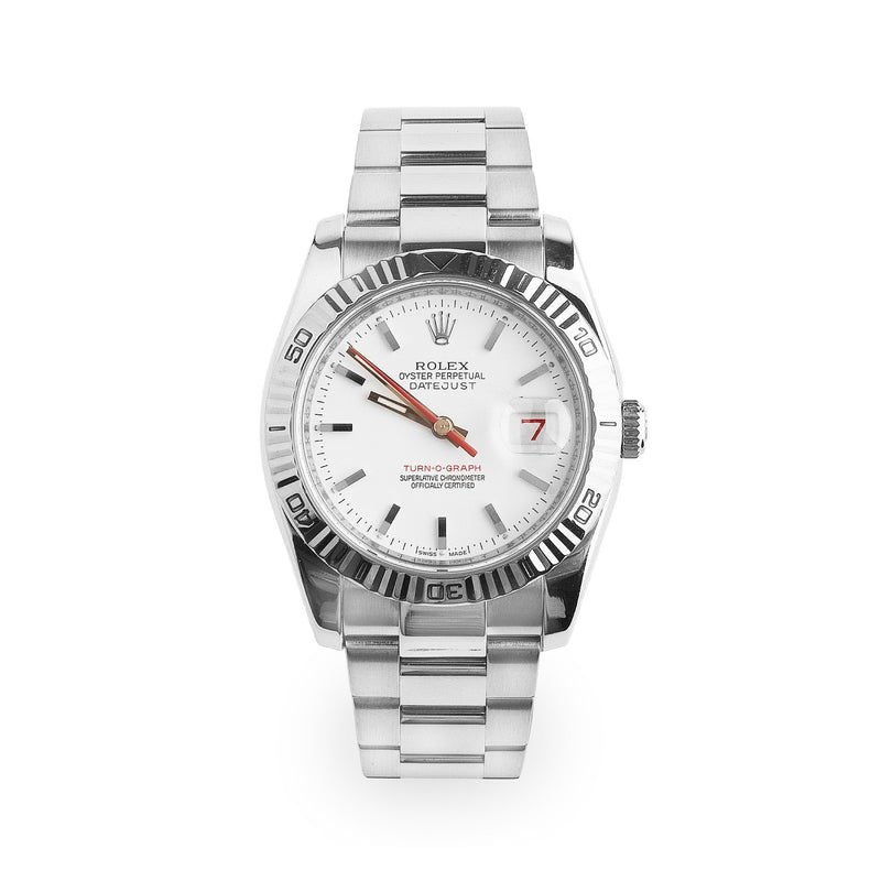 2006 Gents 36mm Rolex DateJust Turn O Graph Stainless Steel With White Dial & Red Hands