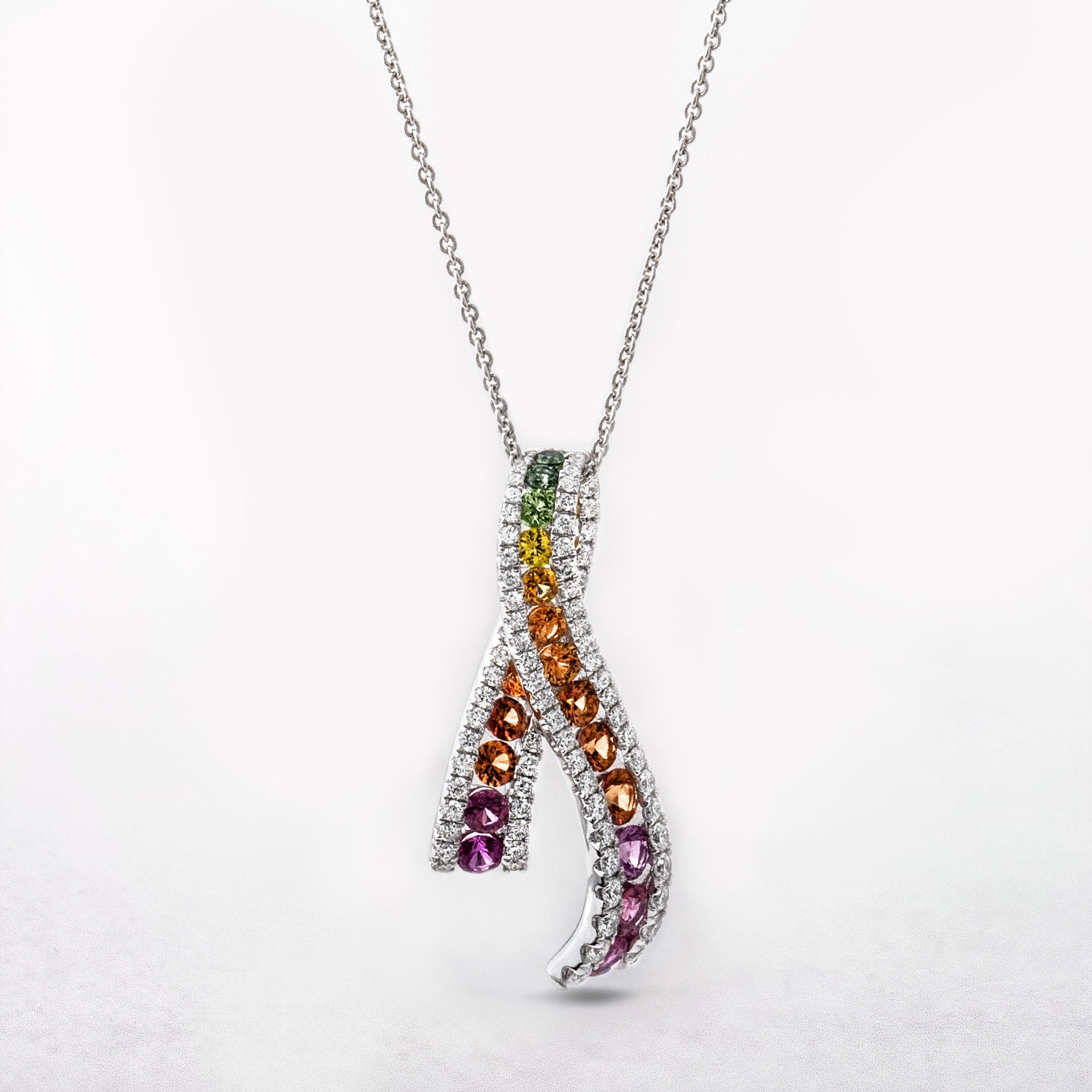 2ct Multicolour Sapphire and 0.84ct Diamond Ribbon Shaped Pendant in 18ct White Gold