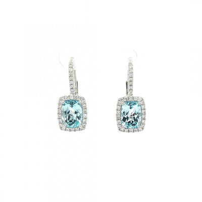 3.52ct Blue Topaz & 0.49ct Natural Diamond Halo Cluster Drop Earrings in 18ct White Gold