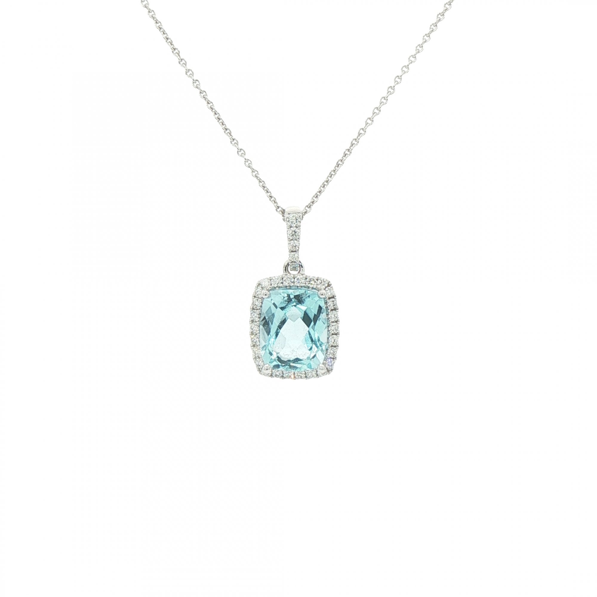 3.95ct Cushion Cut Blue Topaz & 0.29ct Natural Diamond Halo Pendant in 18ct White Gold