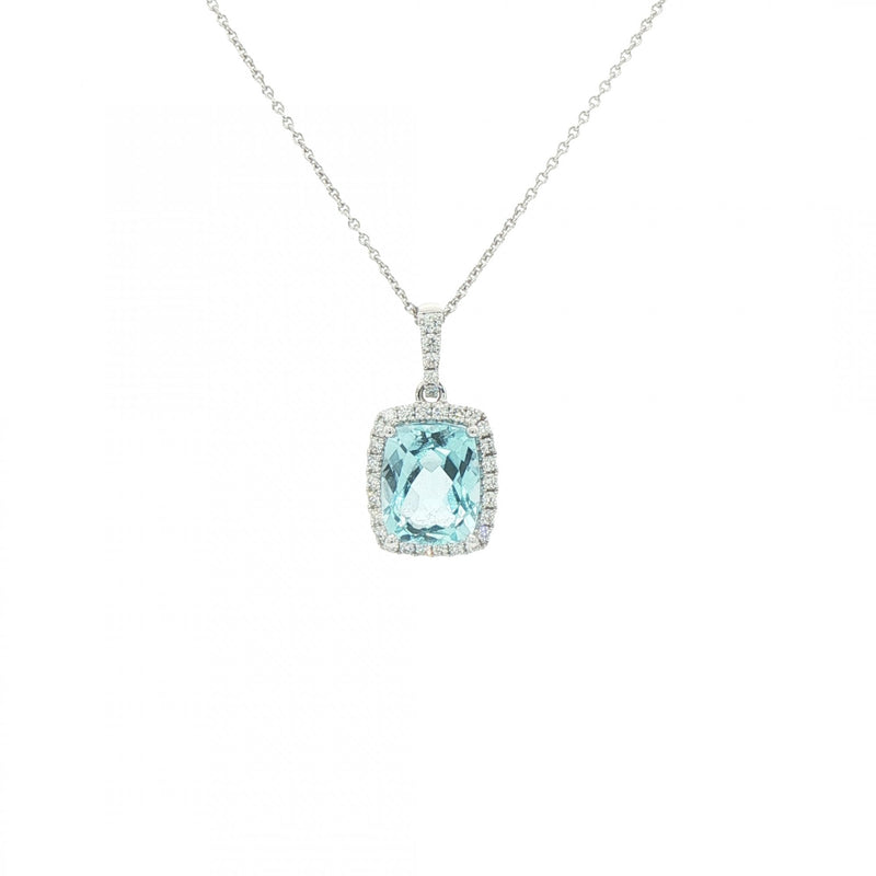 3.95ct Cushion Cut Blue Topaz & 0.29ct Natural Diamond Halo Pendant in 18ct White Gold