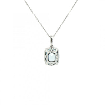 3.95ct Cushion Cut Blue Topaz & 0.29ct Natural Diamond Halo Pendant in 18ct White Gold