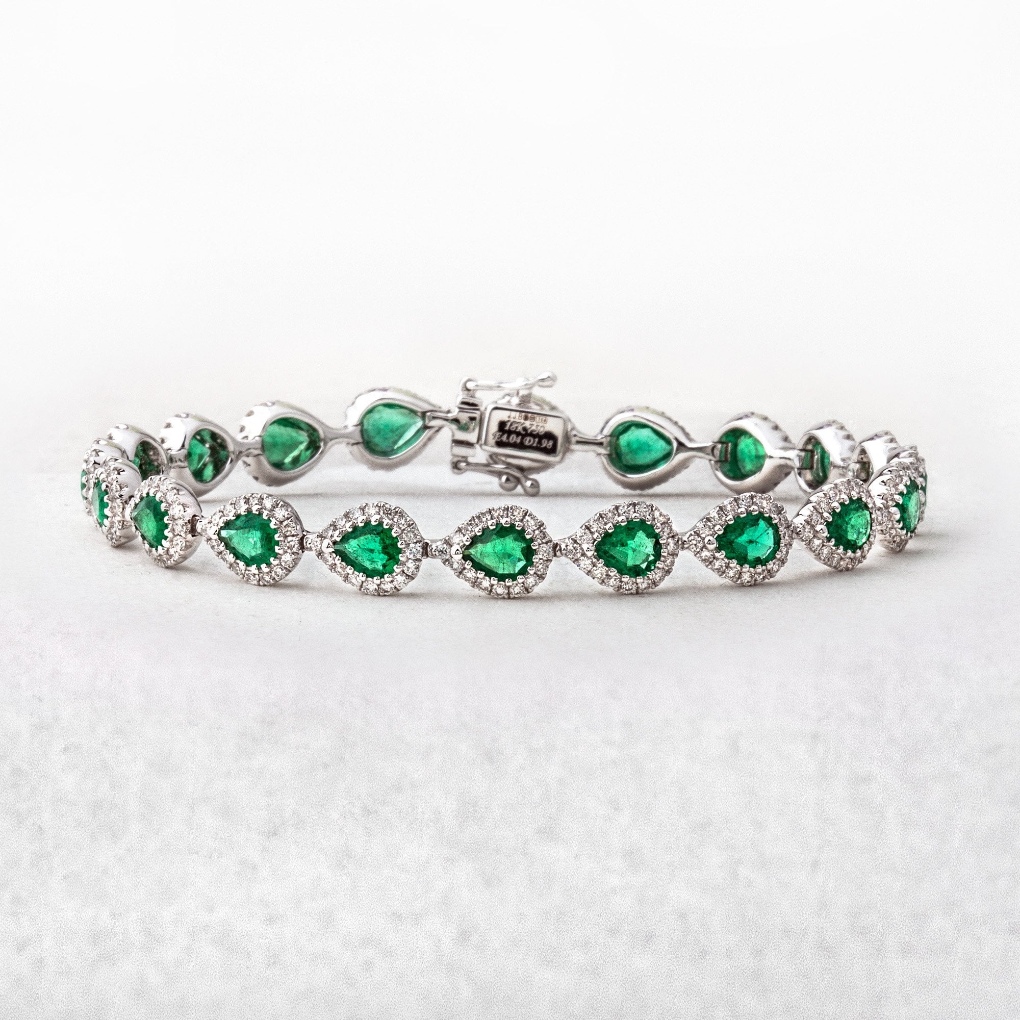 4.04ct Pear Shaped Emerald & 1.98ct Natural Diamond Halo Cluster Bracelet in 18ct White Gold
