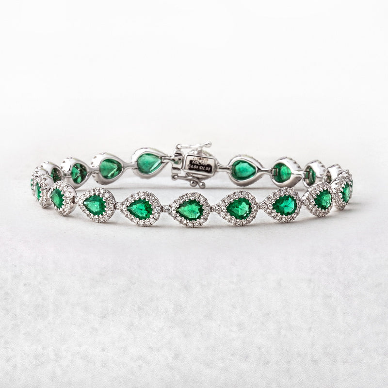 4.04ct Pear Shaped Emerald & 1.98ct Natural Diamond Halo Cluster Bracelet in 18ct White Gold
