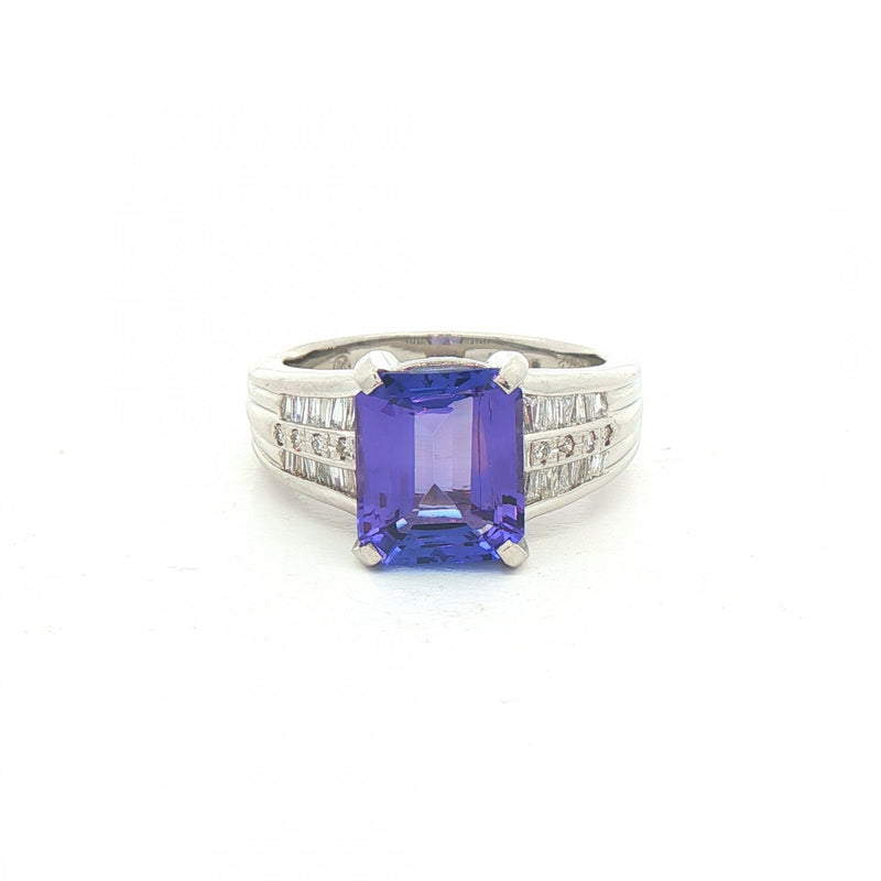 4.35ct Tanzanite & 0.37ct Natural Diamond Baguette Shoulders in Platinum