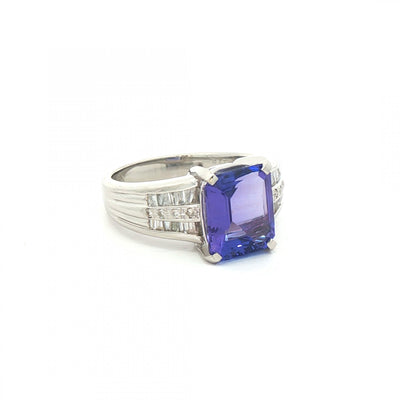 4.35ct Tanzanite & 0.37ct Natural Diamond Baguette Shoulders in Platinum