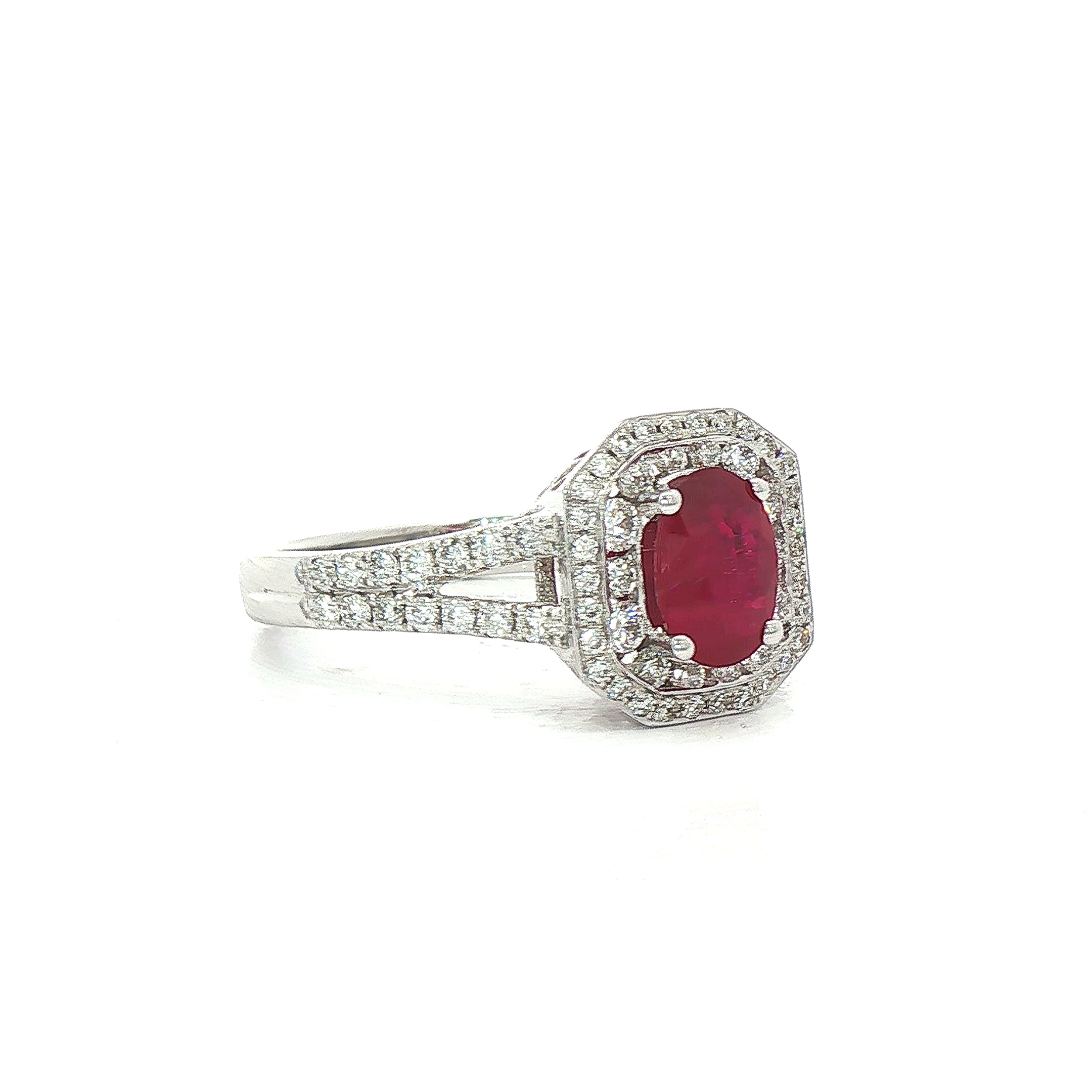 0.95ct Oval Ruby & Natural Diamond Cluster 0.60ct with Diamond Split Band in 18ct White Gold