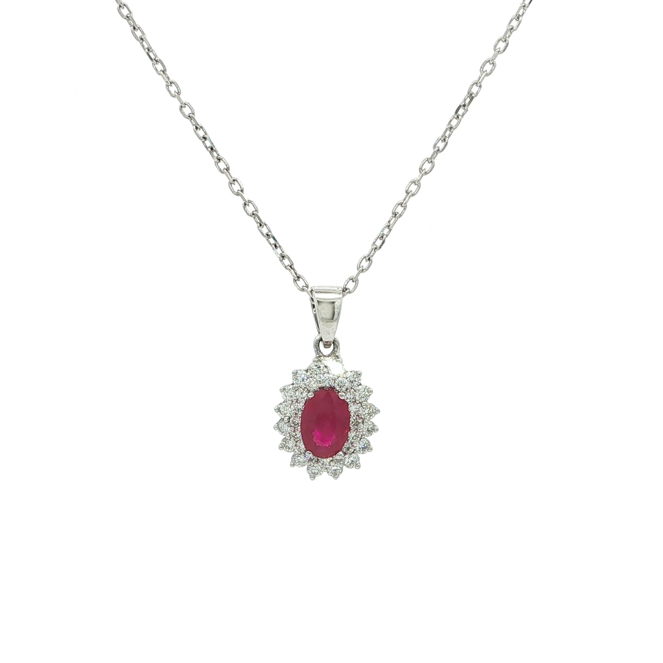 Oval Ruby & Natural Diamond Halo Cluster Pendant in 18ct White Gold