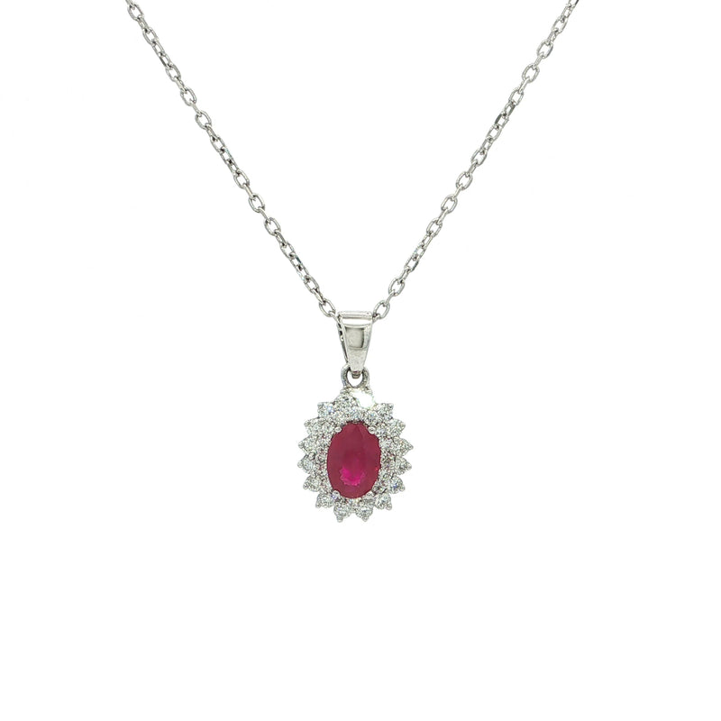 Oval Ruby & Natural Diamond Halo Cluster Pendant in 18ct White Gold
