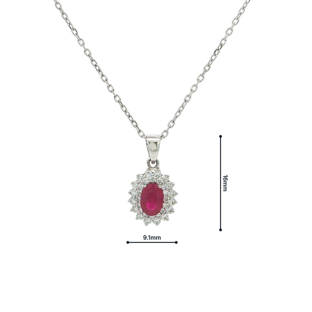 Oval Ruby & Natural Diamond Halo Cluster Pendant in 18ct White Gold