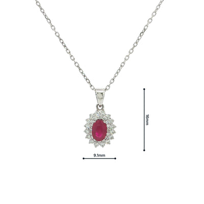 Oval Ruby & Natural Diamond Halo Cluster Pendant in 18ct White Gold