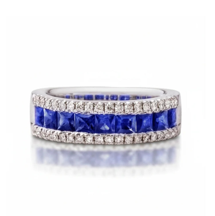 Natural diamond and Sapphire Princess Cut Ring in 18ct White Gold