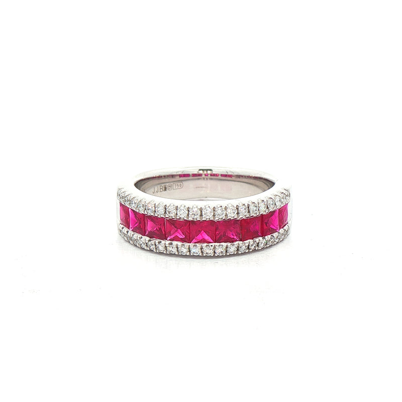 1.41ct Princess-Cut Ruby & Natural Diamond 0.33ct Three Row Dress Ring in 18ct White Gold