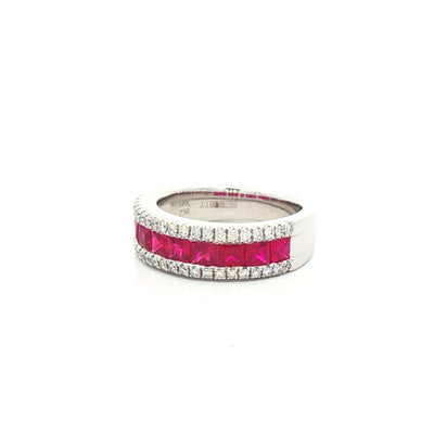 1.41ct Princess-Cut Ruby & Natural Diamond 0.33ct Three Row Dress Ring in 18ct White Gold