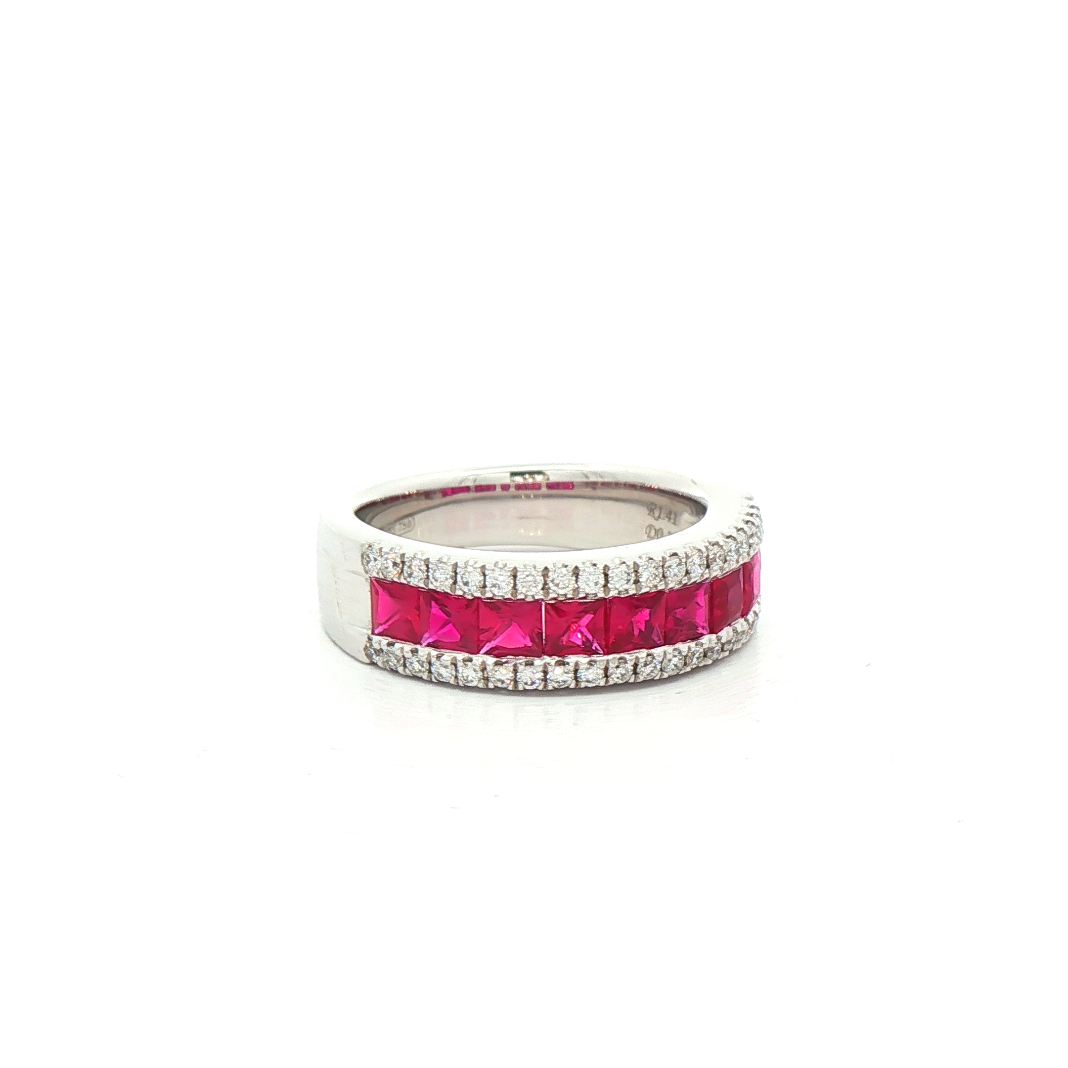 1.41ct Princess-Cut Ruby & Natural Diamond 0.33ct Three Row Dress Ring in 18ct White Gold