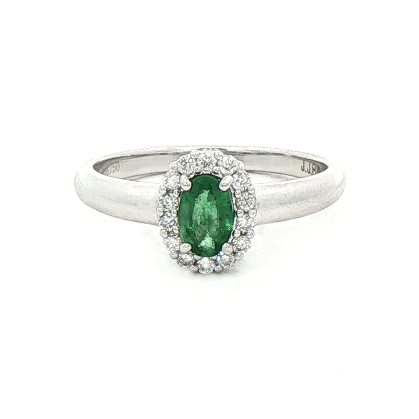 0.33ct Oval Emerald & 0.15ct Natural Diamond Halo Cluster Ring in 18ct White Gold