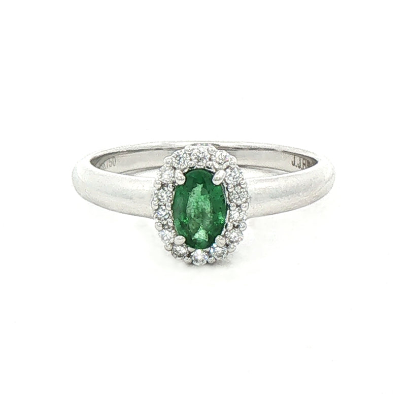 0.33ct Oval Emerald & 0.15ct Natural Diamond Halo Cluster Ring in 18ct White Gold