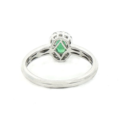 0.33ct Oval Emerald & 0.15ct Natural Diamond Halo Cluster Ring in 18ct White Gold