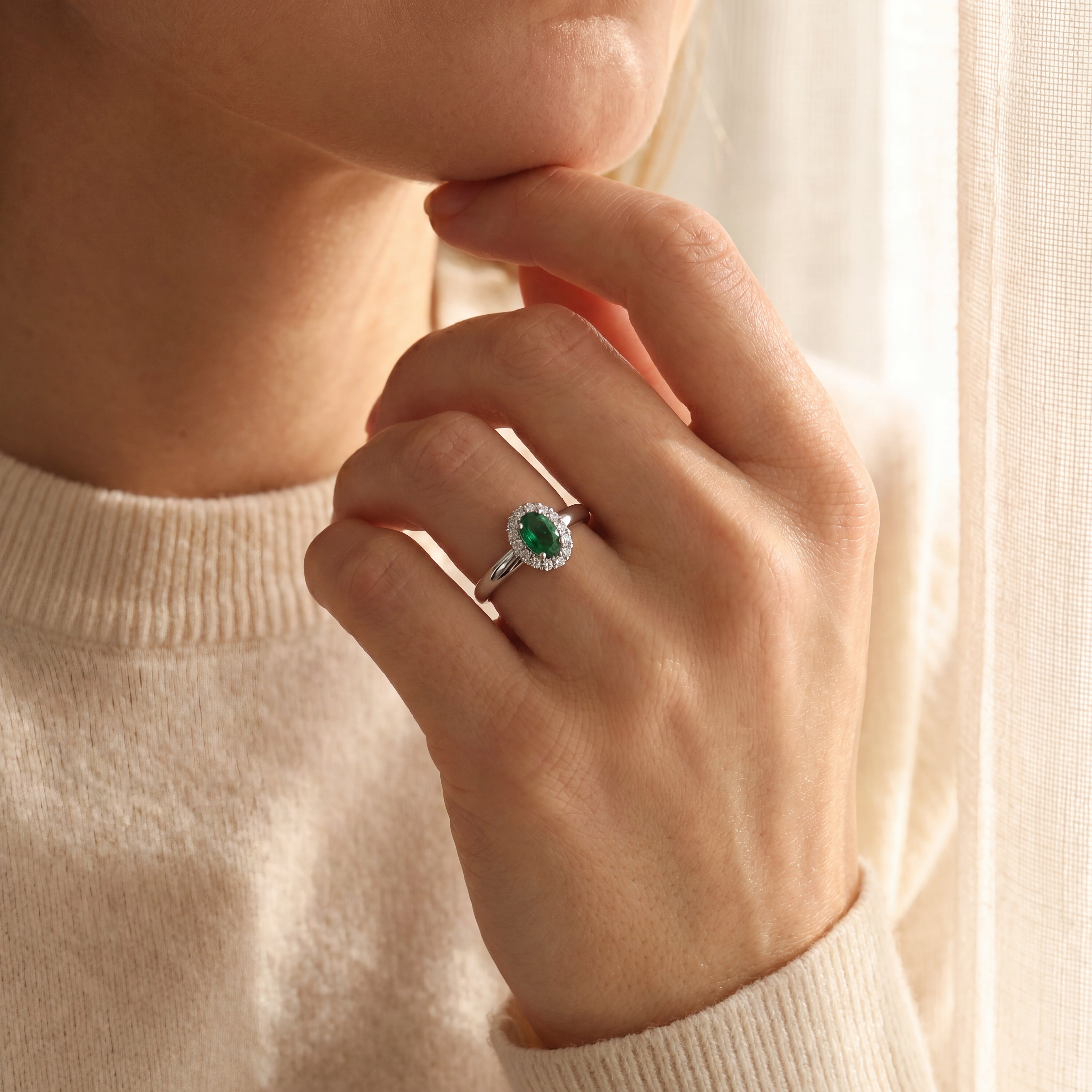 0.33ct Oval Emerald & 0.15ct Natural Diamond Halo Cluster Ring in 18ct White Gold