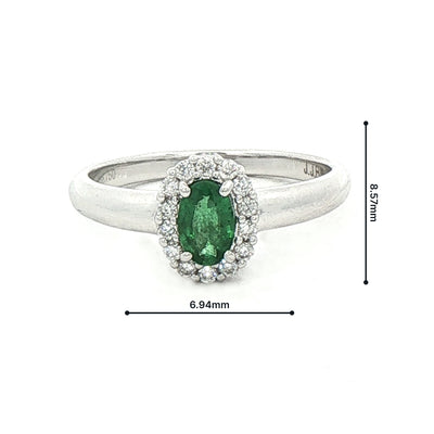 0.33ct Oval Emerald & 0.15ct Natural Diamond Halo Cluster Ring in 18ct White Gold