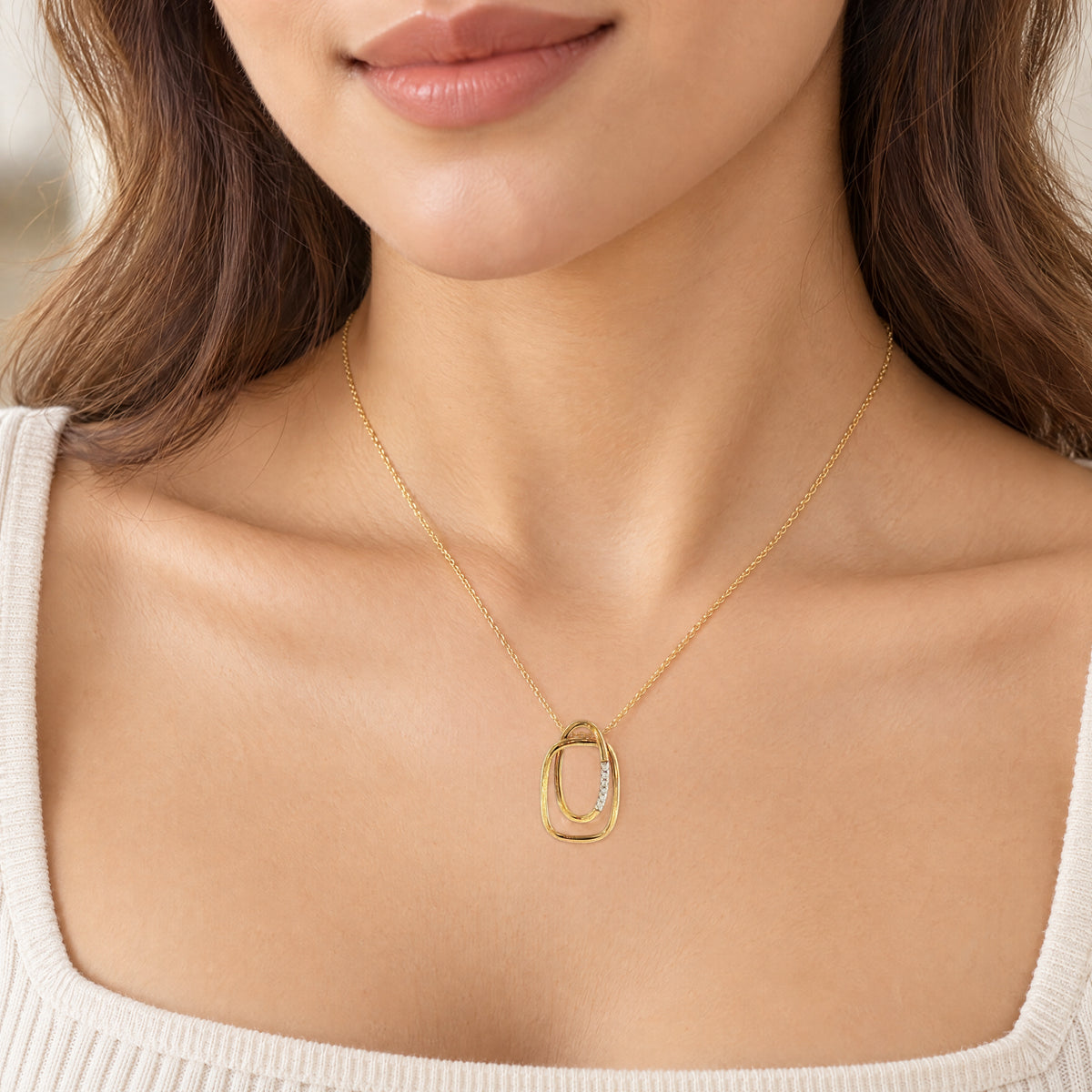 Double Link Natural Diamond Set Pendant in 9ct Yellow Gold