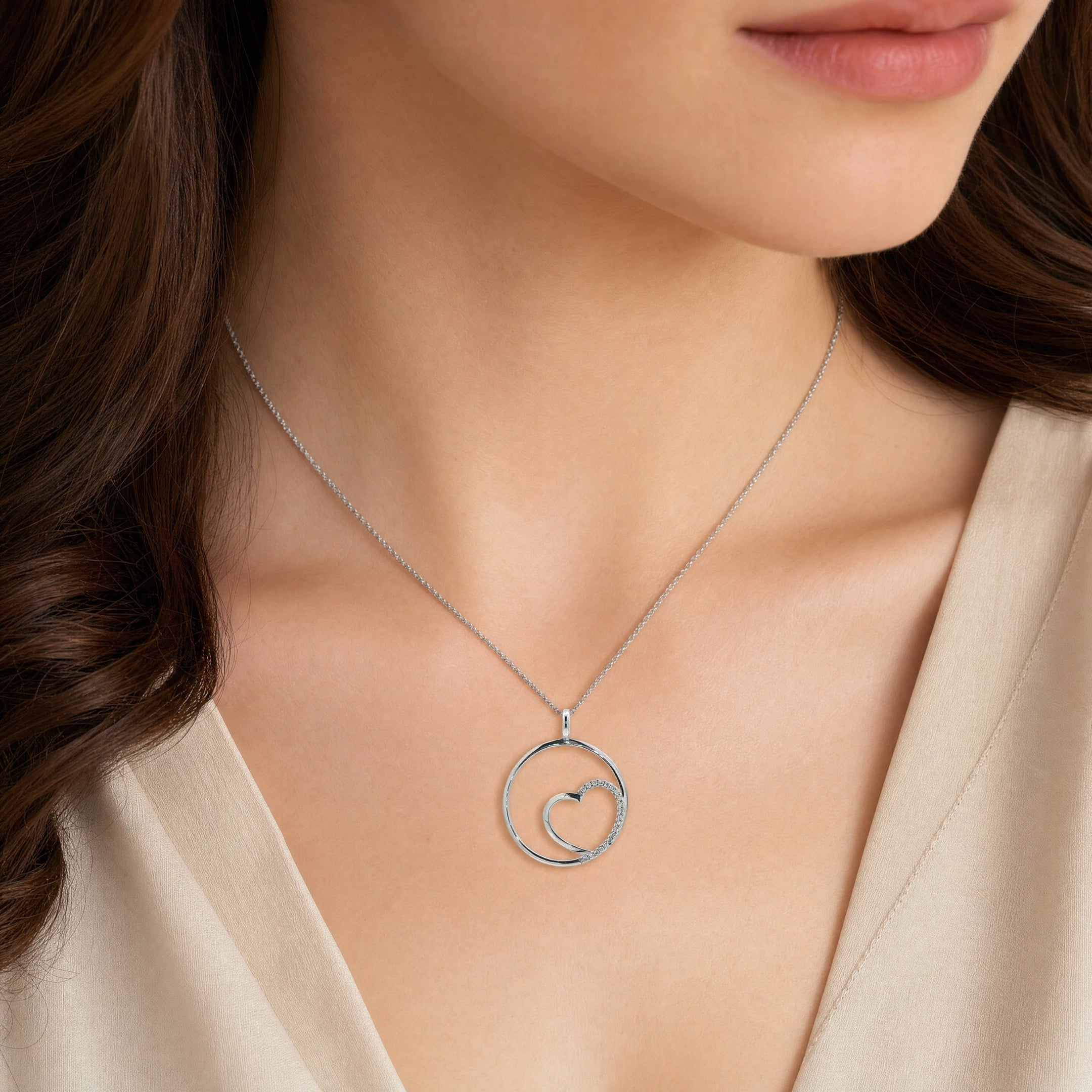 Round Shaped Natural Diamond Heart Pendant in 9ct White Gold