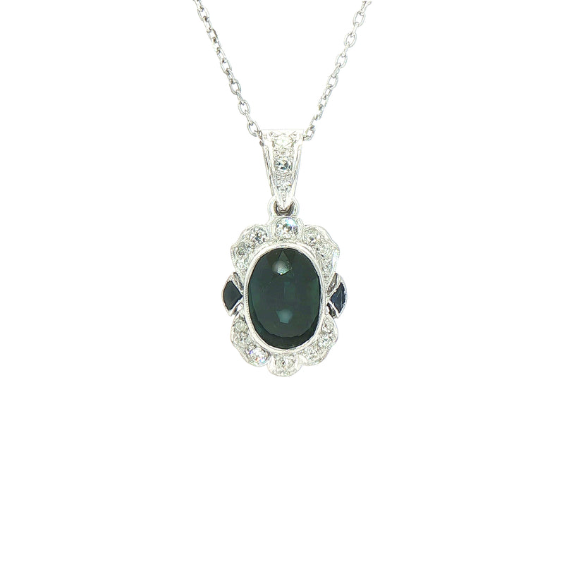 3.05ct Sapphire & 0.20ct Natural Diamond Antique Style Pendent in 18ct White Gold