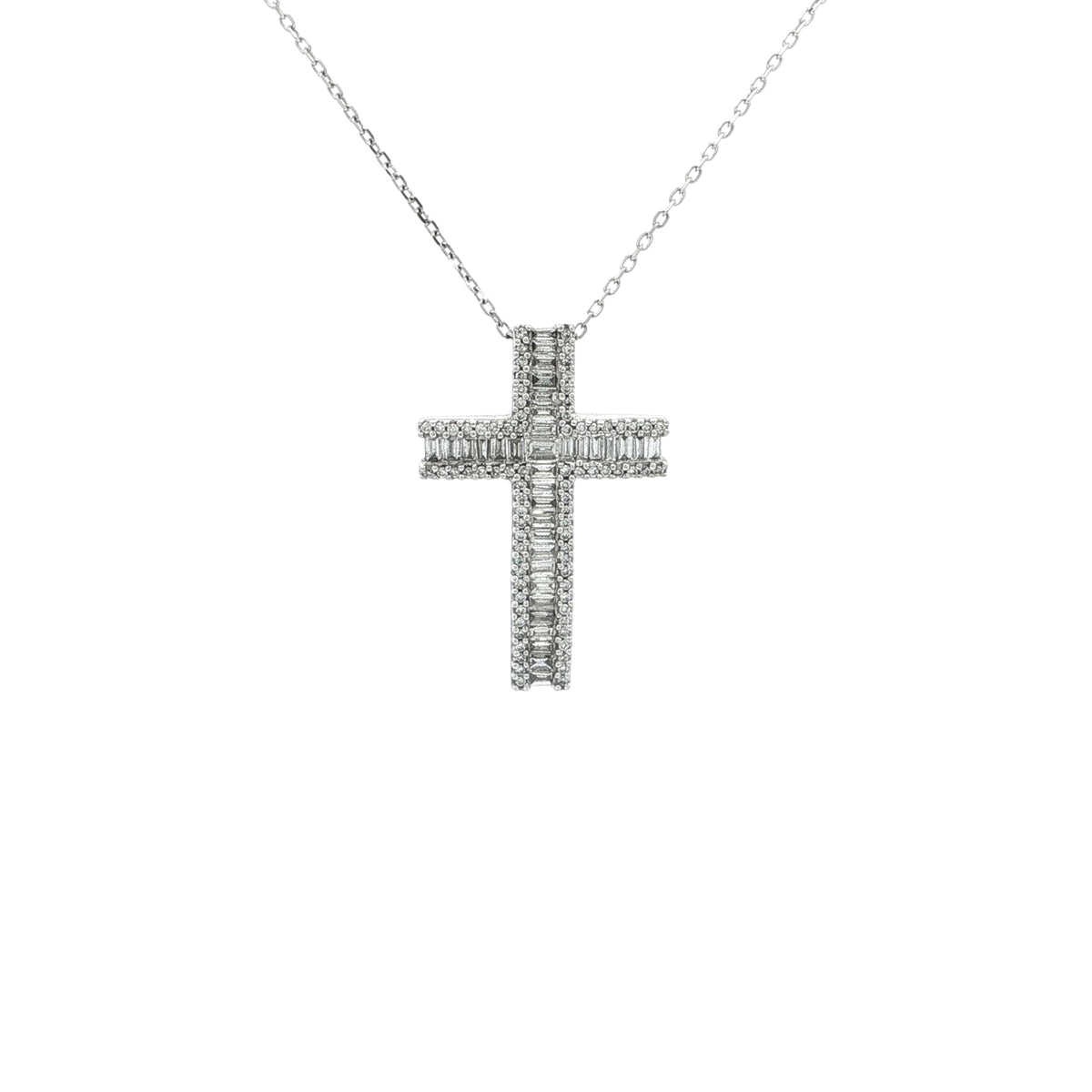 Vintage Baguette Cut and Round Natural Diamond Cross Chain in 18ct White Gold