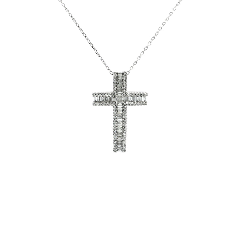 Vintage Baguette Cut and Round Natural Diamond Cross Chain in 18ct White Gold