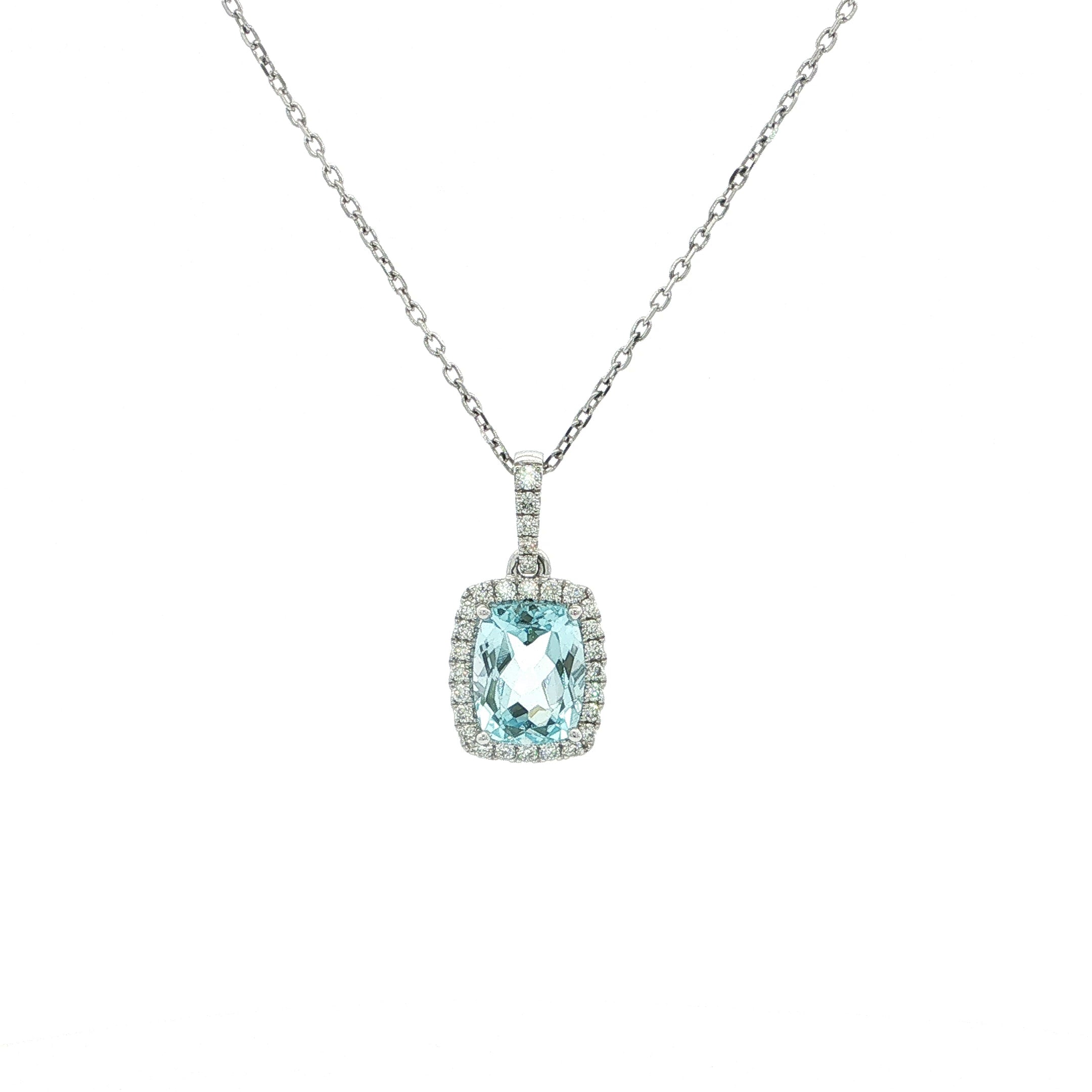 2.56ct Emerald-Cut Blue Topaz & 0.25ct Natural Diamond Halo Pendant in 18ct White Gold