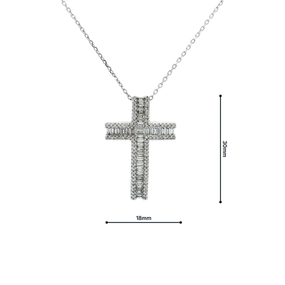 Vintage Baguette Cut and Round Natural Diamond Cross Chain in 18ct White Gold