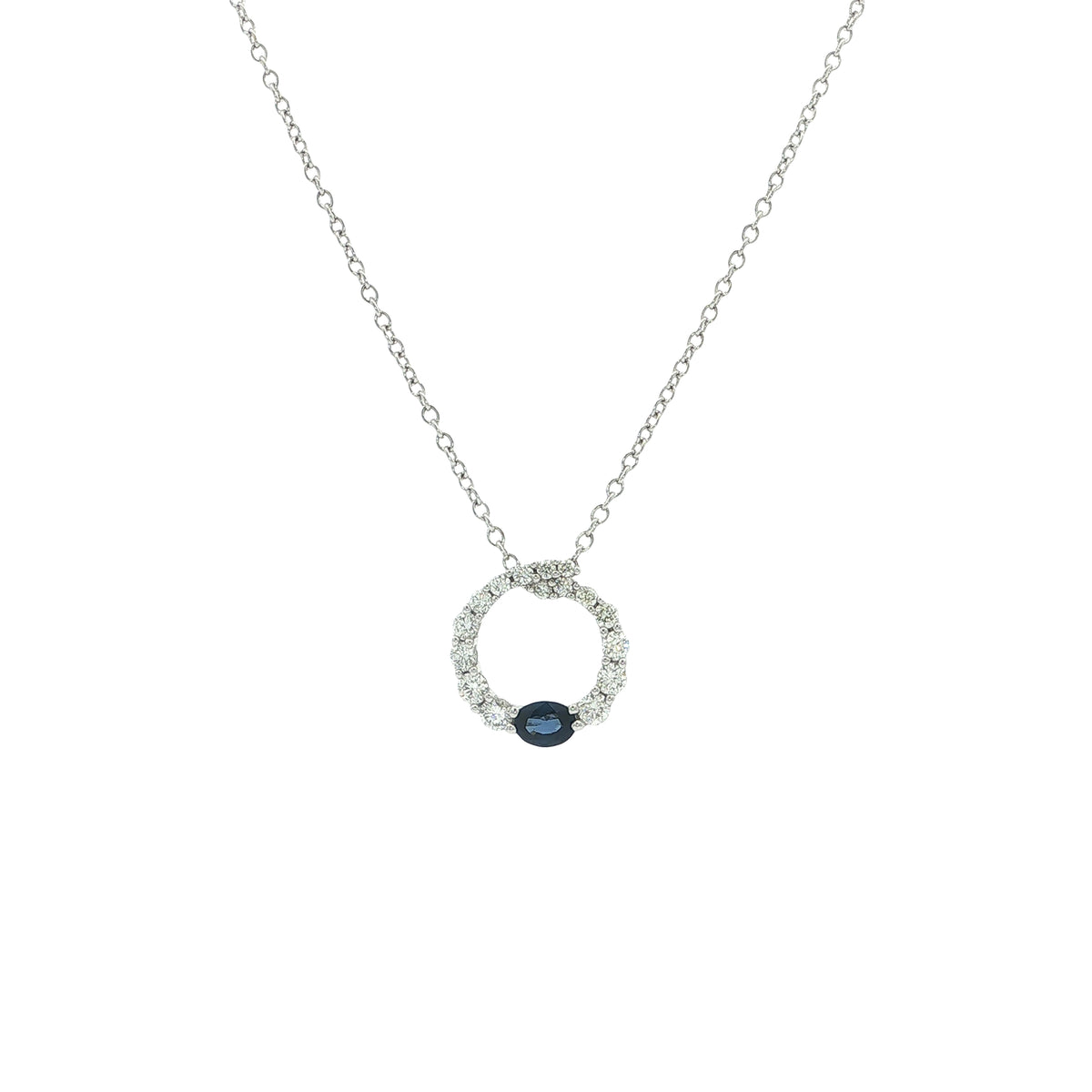 Sapphire and Natural Diamond Open Circle Pendant in 18ct White Gold