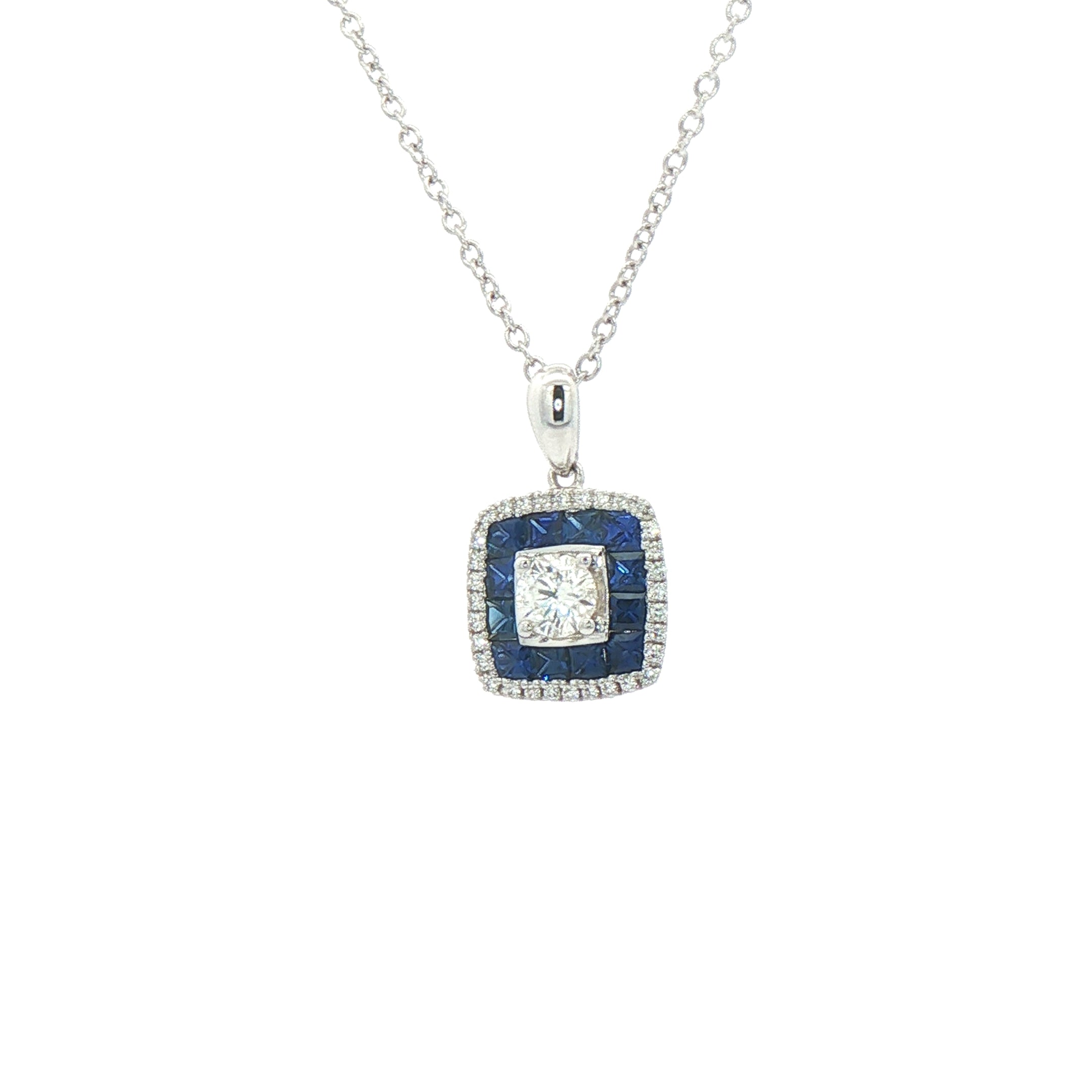 S0.54CT D0.25ct Sapphire And Diamond Cushion Shaped Target Pendant in 18ct White Gold