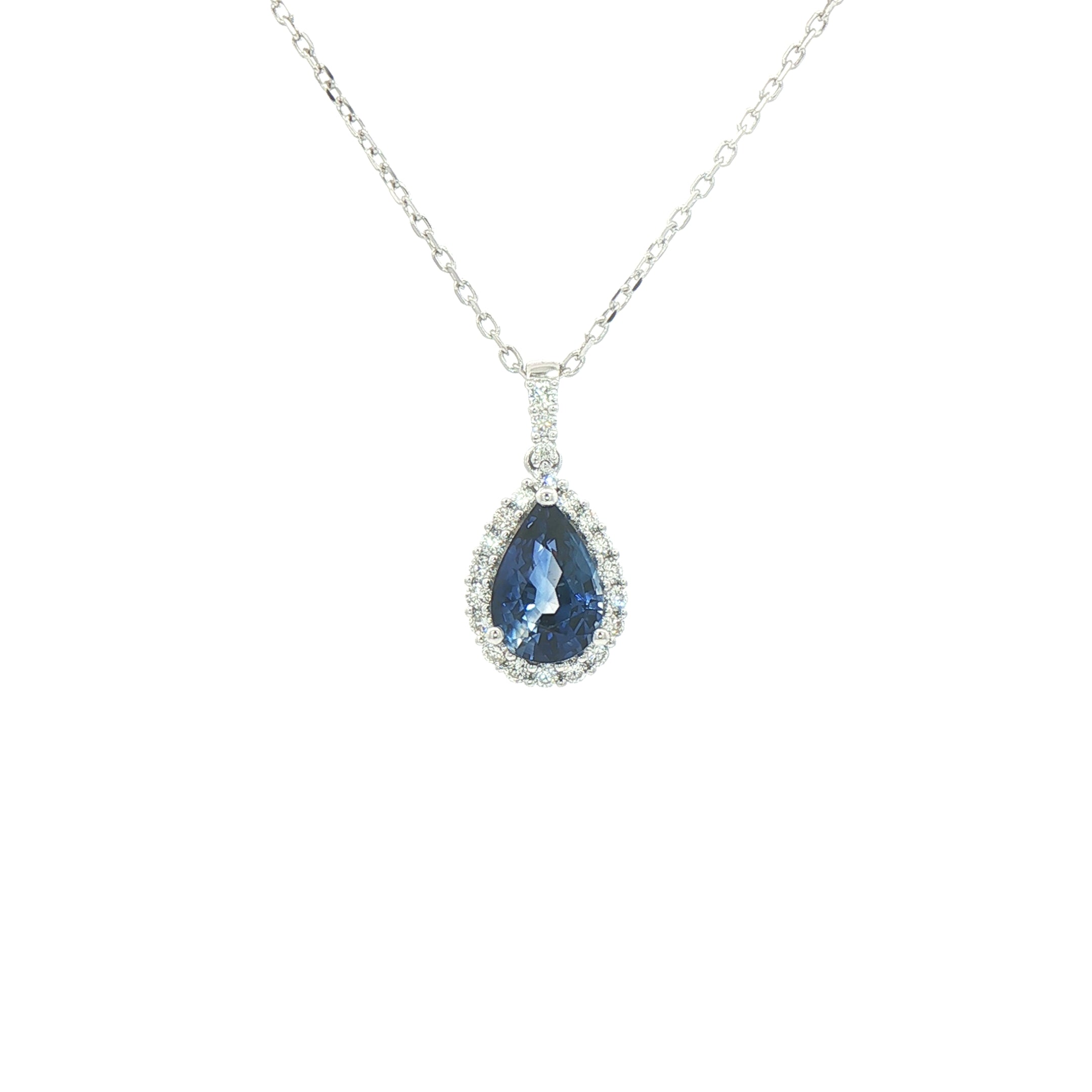 1.57ct Pear Cut Sapphire & 0.25ct Diamond Pendant in 18ct White Gold