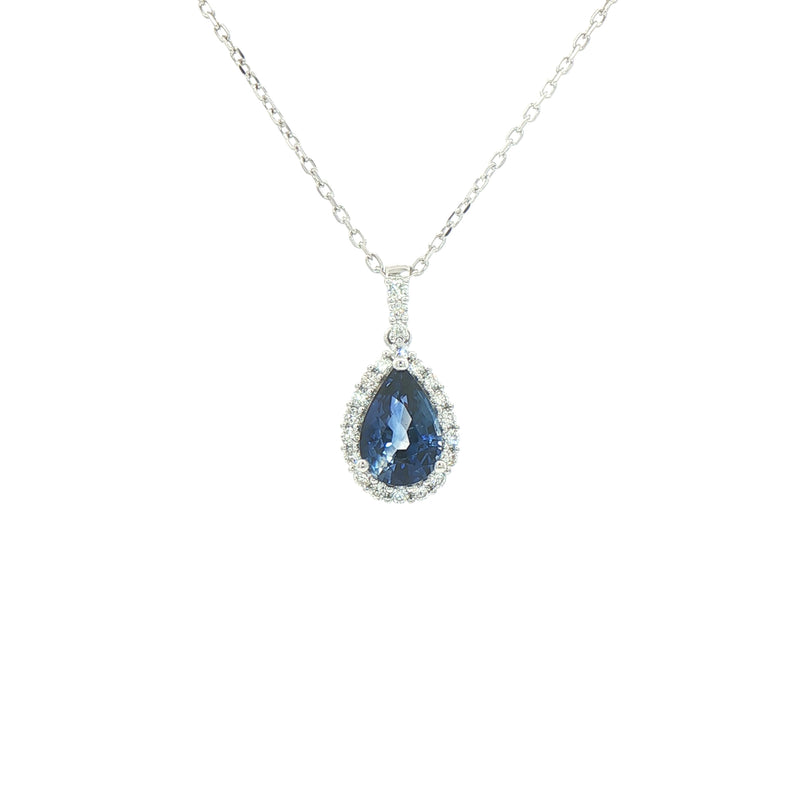 1.57ct Pear Cut Sapphire & 0.25ct Diamond Pendant in 18ct White Gold