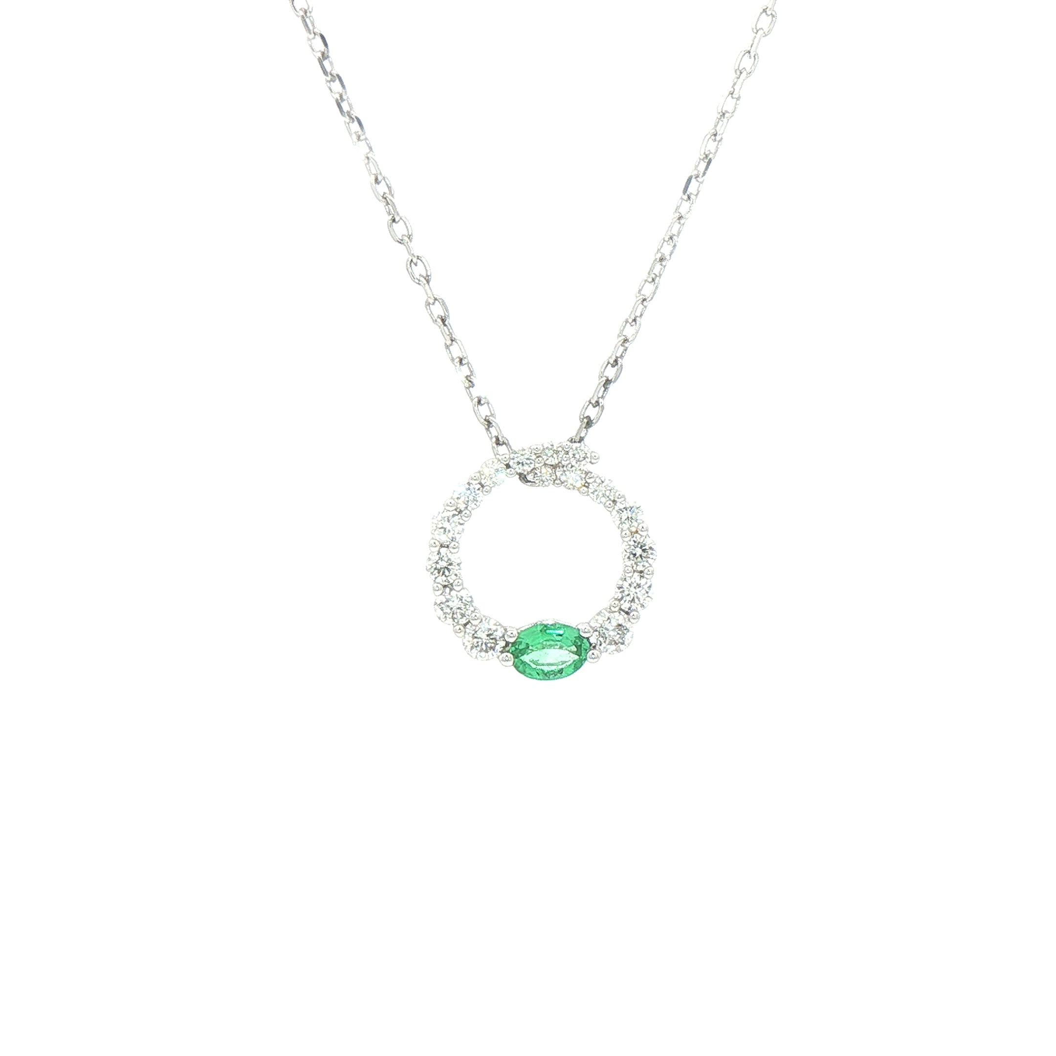 0.11ct Oval Cut Emerald and 0.31ct Diamond Set Pendant in 18ct White Gold