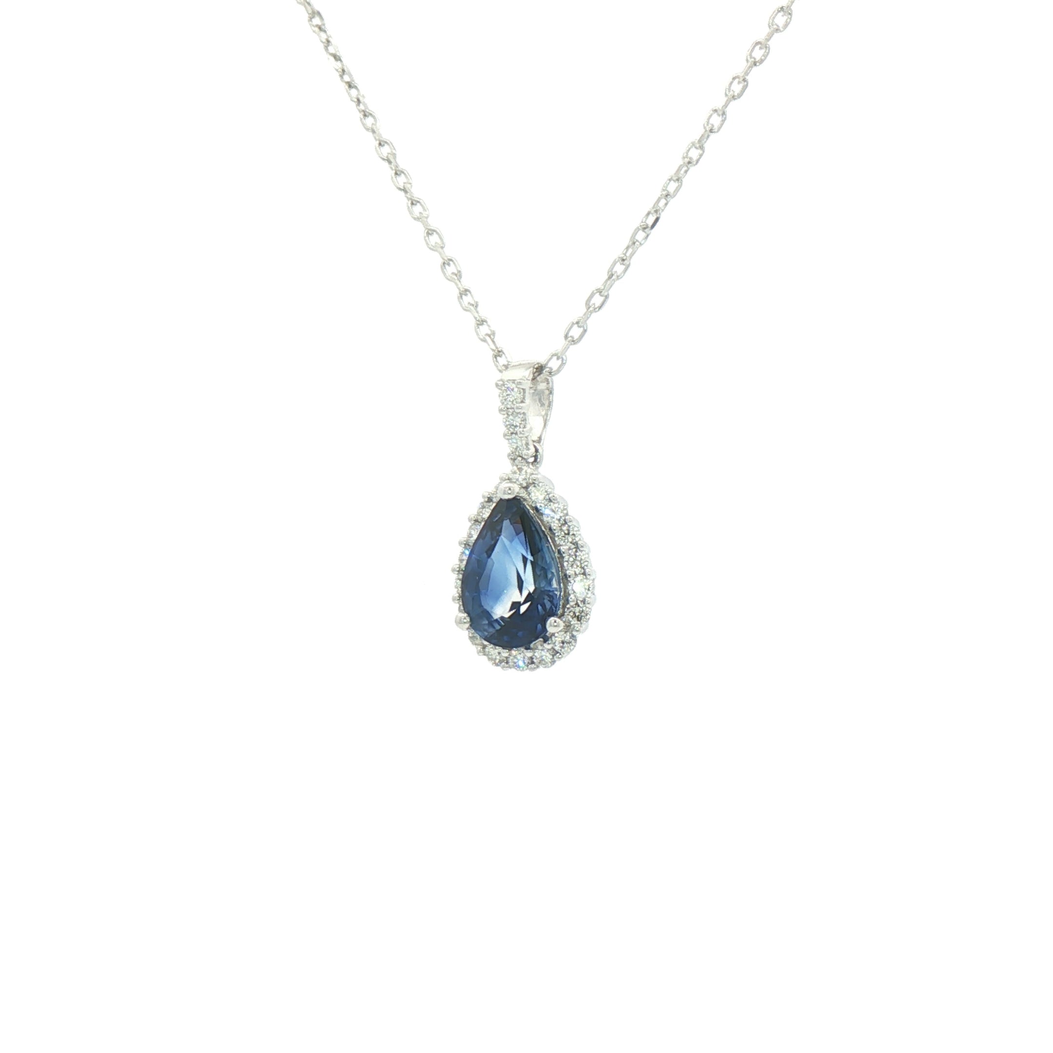 1.57ct Pear Cut Sapphire & 0.25ct Diamond Pendant in 18ct White Gold